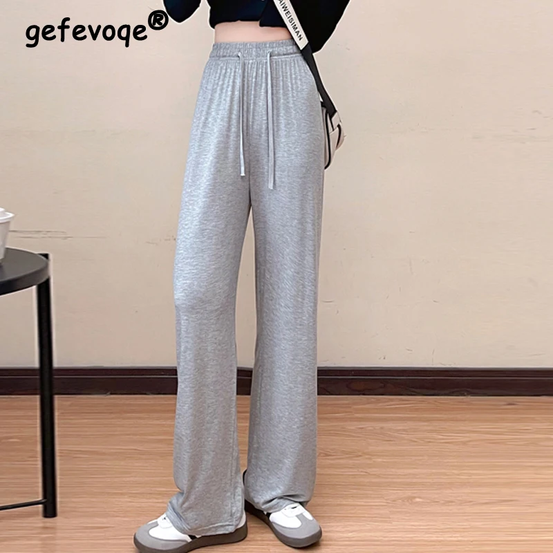 

Women Clothing Simple Casual Streetwear High Waist Sports Wide Leg Pants Female Solid Loose Thin Sweatpants Straight Pantalones