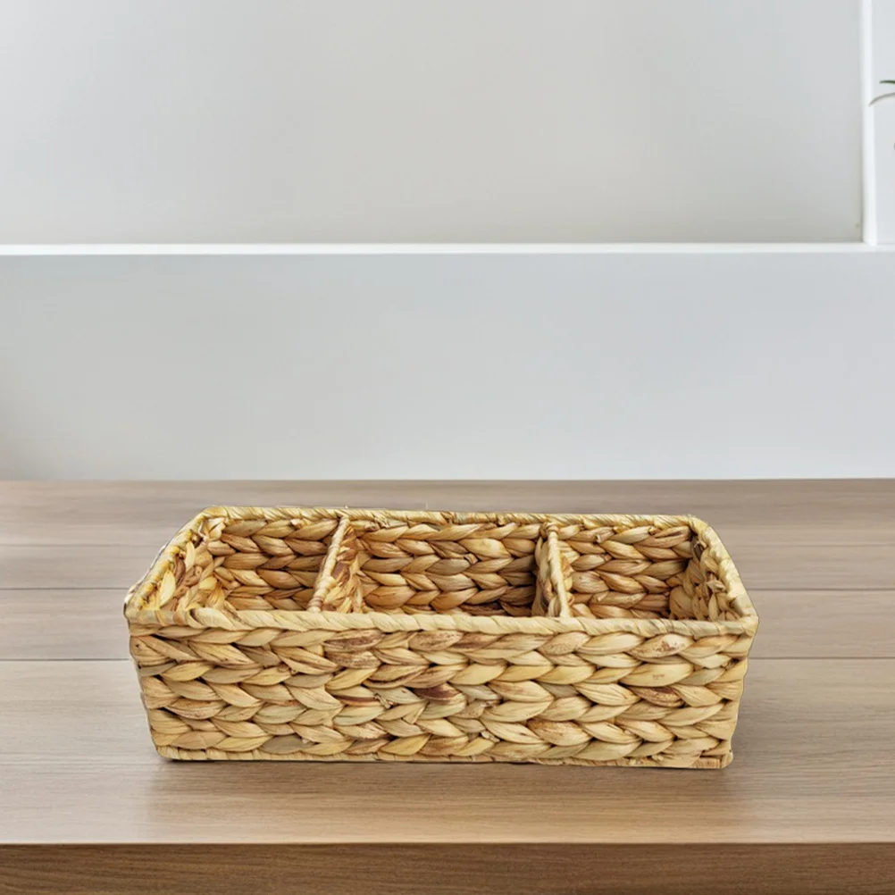 3-Section Desktop Woven Basket Handcrafted from Natural Multi-Purpose Organizer for Home Office Kitchen Use
