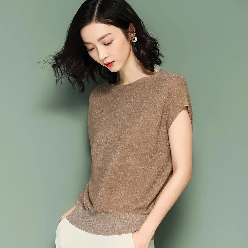 

Summer New Thin Ice Silk Knitting Tops Tees Short Sleeve O-neck All-match Loose Office T Shirts Vintage Elegant Women Clothing