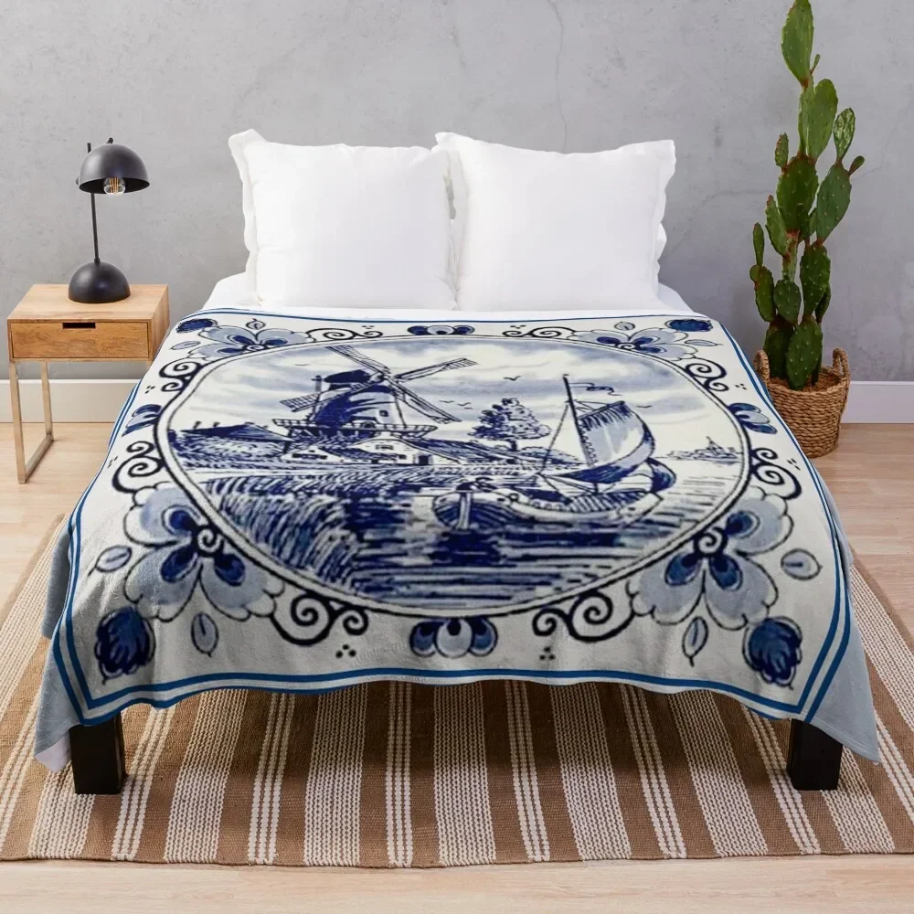 DUTCH BLUE DELFT: Vintage Windmill Print Throw Blanket Luxury Throw Weighted Blankets