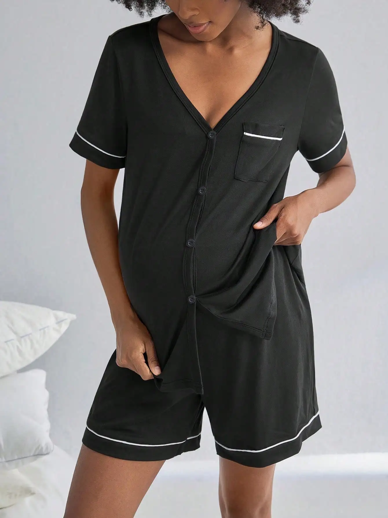 2-Pack Maternity Short Sleeve Button-Front Pajama Set with Pocket