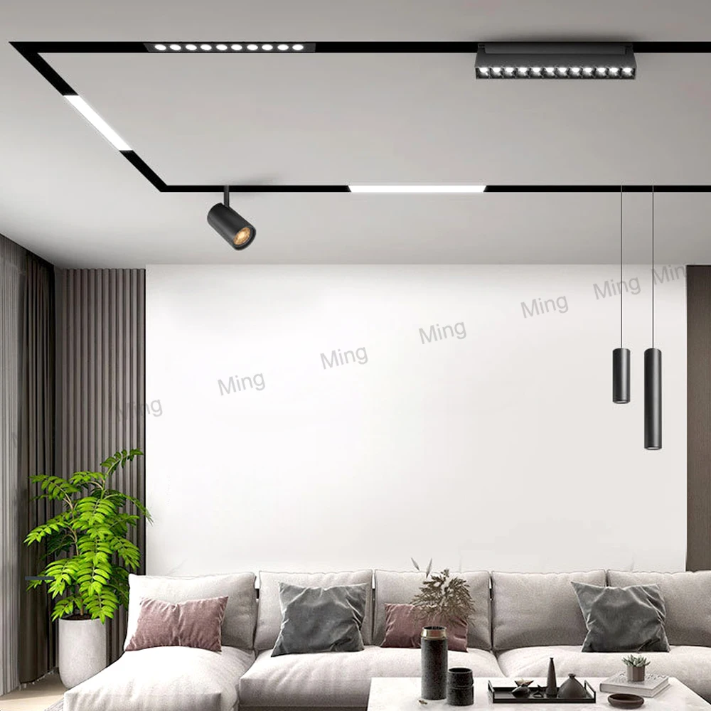 Luces de pista magnéticas modernas, foco LED integrado, luz descendente para sala de estar sin luz principal, lámpara de rejilla de iluminación, serie AC220V