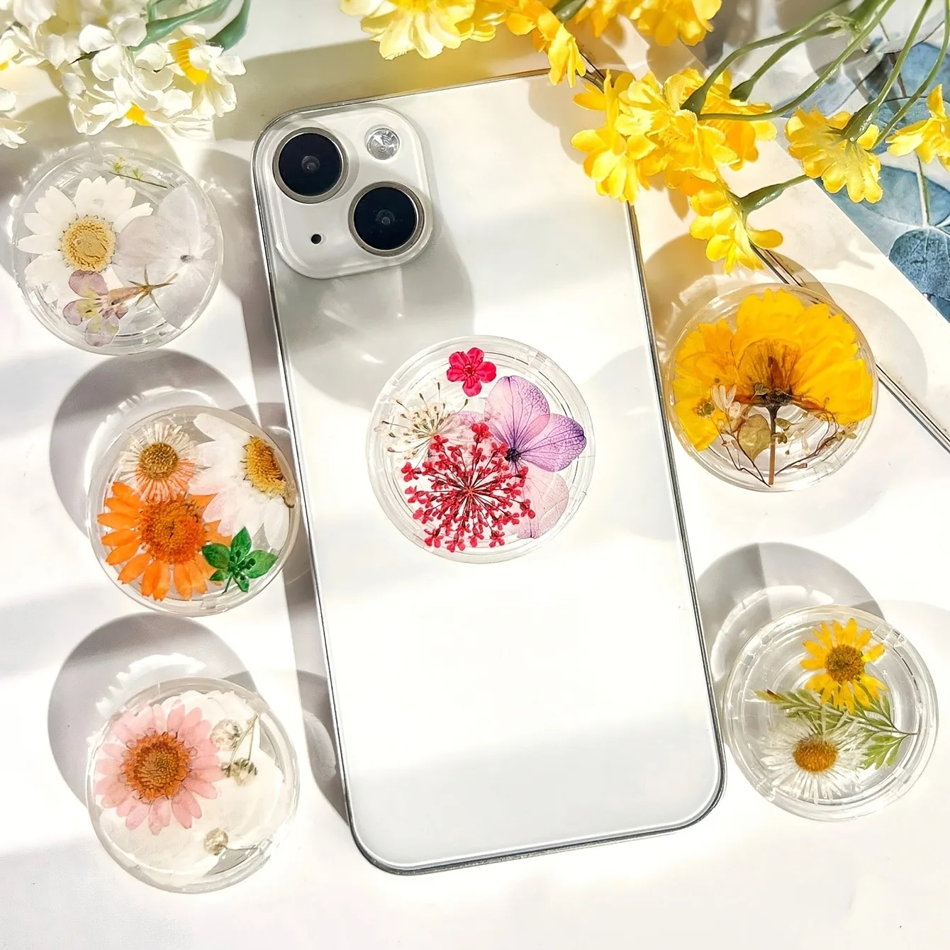 Cute Transparent Daisy Starry Night Phone Holder Retractable Desktop Ring Stand For iPhone Samsung Android Phones Gift For Girls