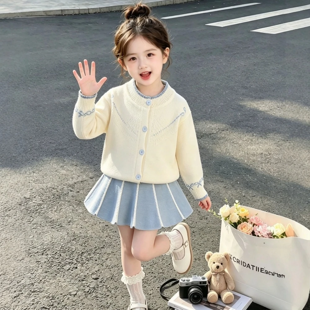 Autumn and Winter New Korean Version Sweater Girls' Clothing Blue Bow Print Knitted Cardigan + Short Skirt Two-piece Set