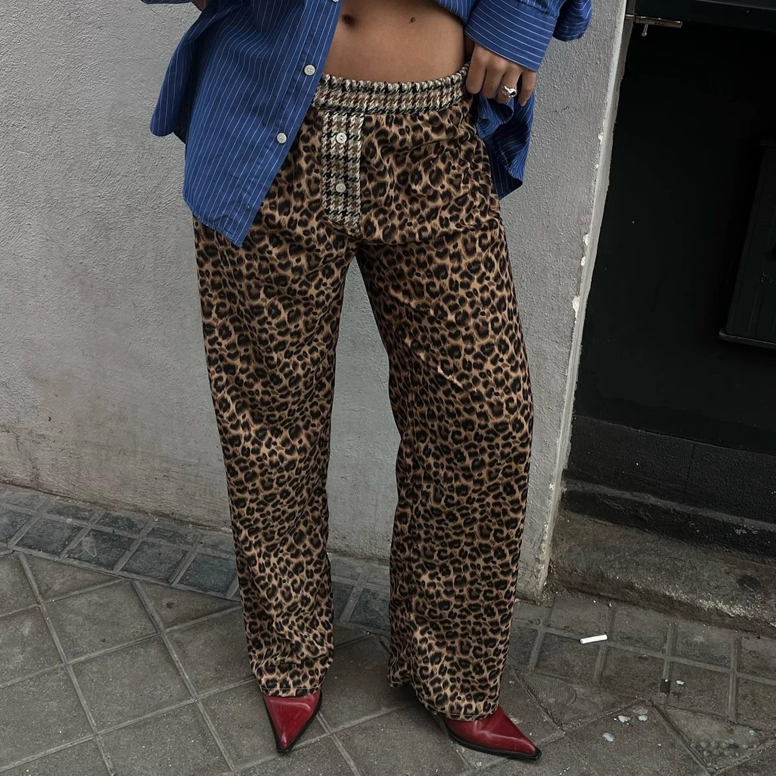 Leopard Print Aesthetic Straight Pants for Women Vintage Baggy y2k High Waist Casual Wide Leg Pants Trousers Fashion Streetwear