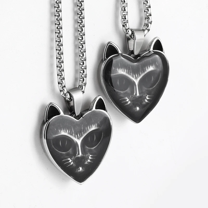 Engrave Stainless Steel Heart Shape With Cat Head Pendant Necklace Animal Cute Fashion Vintage Men Women Jewelry Couple Gift
