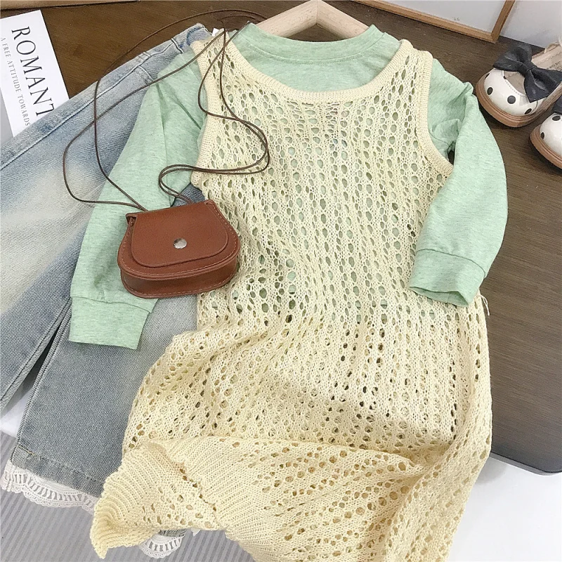 

Girls' Dress Spring and Autumn New Children's Hollow Mesh Vest Dress Fashionable Outfit