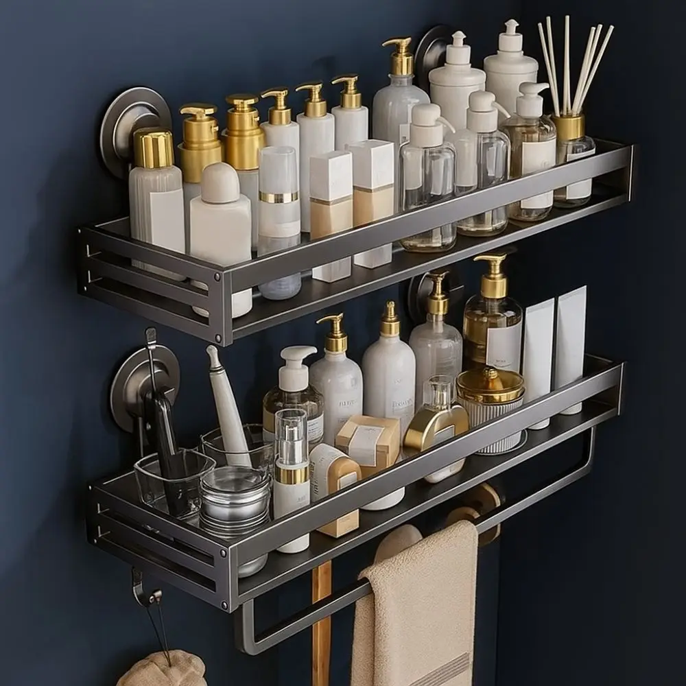 

Space Aluminium Suction Cup Storage Rack Punch Free Detachable Wall Shower Shampoo Rack Wall Mounted Seasoning Rack Bathroom