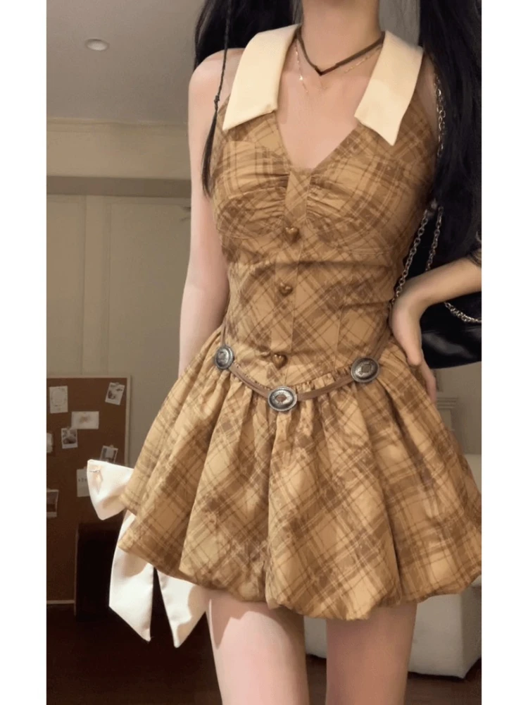 Elegant Vintage Plaid Dresses Women Casual Sexy Bodycon Bow Ruffles Mini Dress Short Party Fashion Sweet One Piece Dress Korean