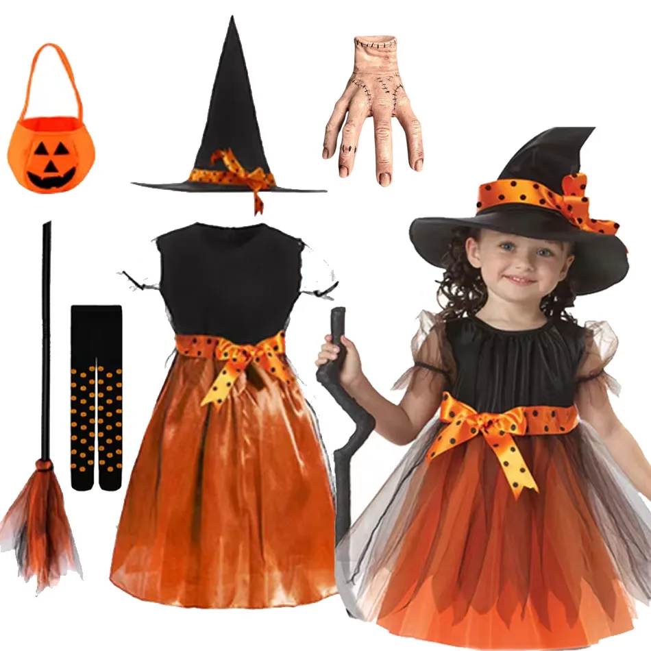 

Baby Pumpkin Costume Girls Princess Pageant Dress Children Vampire Performance Elegant Clothes Witch Halloween Romper 1-12 Years