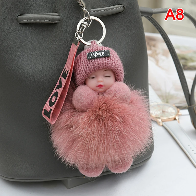 Pompom schlafendes Baby Schlüsselanhänger süße flauschige Plüschpuppe Schlüsselanhänger Frauen Mädchen Taschen Schlüsselanhänger Autos Schlüsselanhänger Geschenk charmante Dekoration