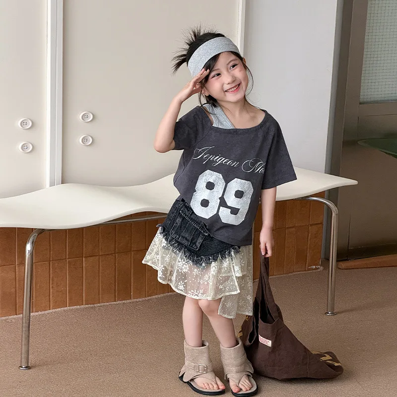 Girls' Korean Style Fashionable and Versatile Slanted Shoulder Short Sleeved T-shirt Summer Children T-shirts