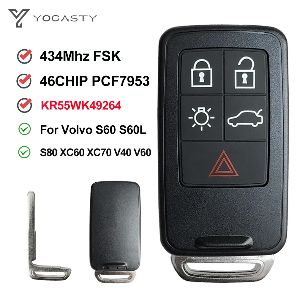 

YOCASTY KR55WK49264 Remote Control Card Key ID46 PCF7953 433MHz 5 Button For 2011-2017 Volvo S60 S60L S80 XC60 XC70 V40 V60