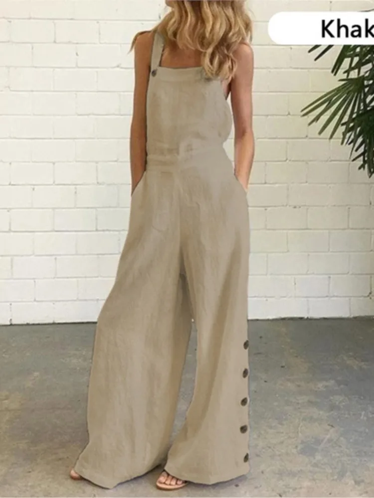 Summer Fashion Womens Sleeveless Loose Jumpsuit 2024 Ladies Solid Pockets Wide Leg Pants Long Trousers Suspenders Street Leisure