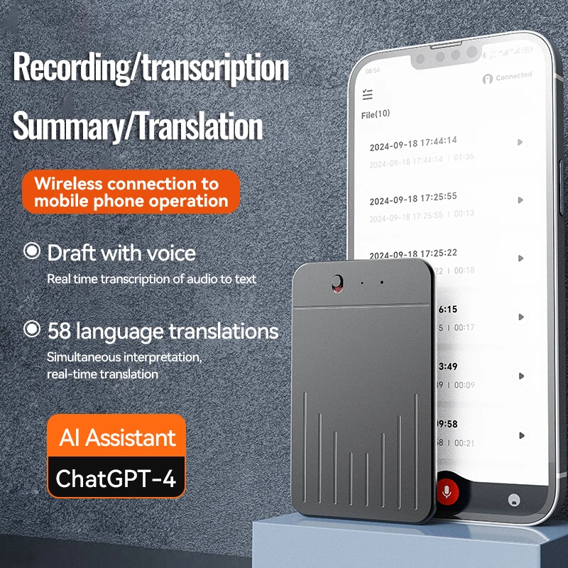 AI Powerd ChatGPT-4 App Llamada telefónica Mini grabadora de voz de Audio Espia Transcribe Summarize 58 Traductor de idiomas Audio dictáfono