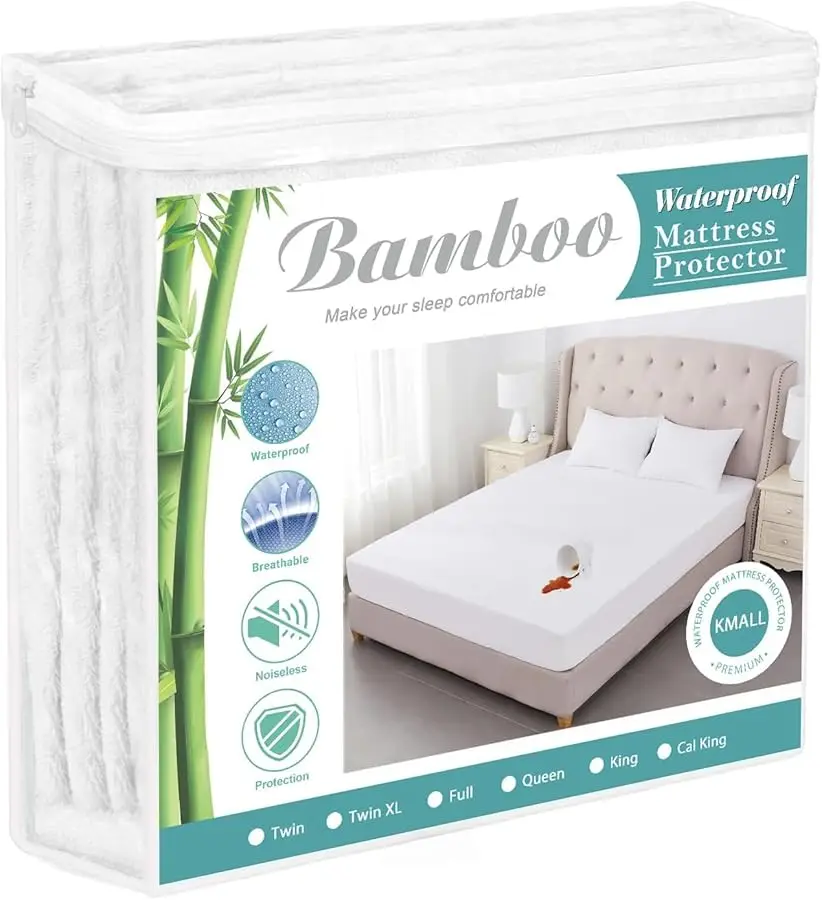 

King Size Cooling Waterproof Mattress Protector Pad Co er, Breathable Fitted Sheet Style Deep Pocket-Noiseless, inyl,P C Free,Wa