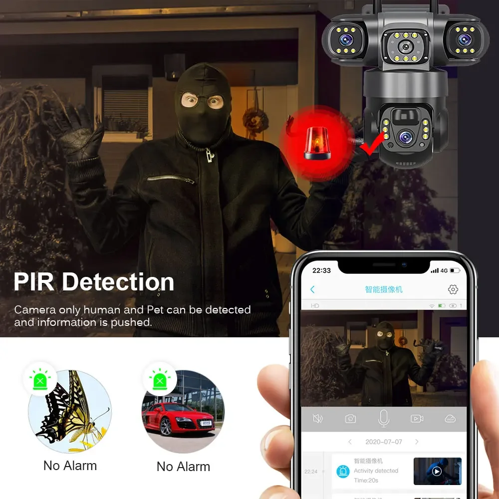 12MP 4G Sim Card Three Lens PTZ Solar Security Camera Three Screens PIR Detection Outdoor Wireless CCTV Surveillance IP Camera