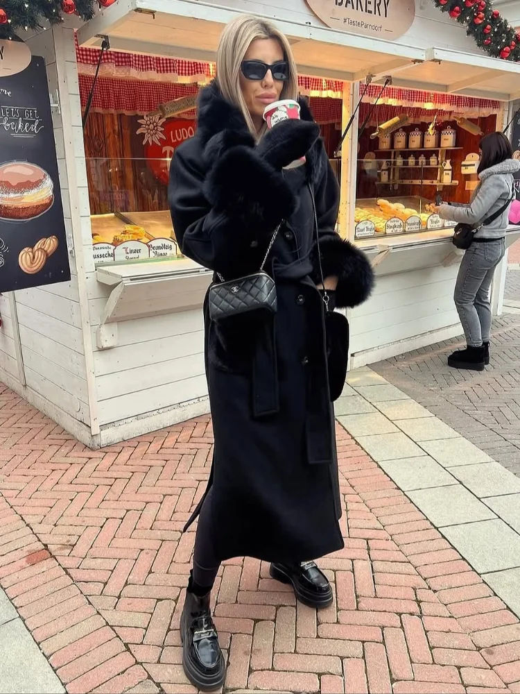 

Роскошное меховое лоскутное шерстяное пальто женское элегантное двубортное длинное пальто с длинными рукавами на шнуровке женские зимние пальто для поездок на работу