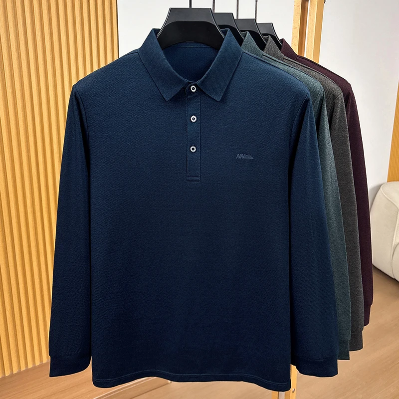 Klassisches Herren-Poloshirt für den Herbst in Unifarbe, aus Baumwolle, weich, langärmelig, mit Kragen, bequemes Freizeit-T-Shirt für Herren. – Detail 7