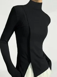 Bonboho Women's Simple Solid Black Long Sleeve T-shirt High Neck Slim Fit Pullover Tops Autumn Fashion Shirts for Urban Female