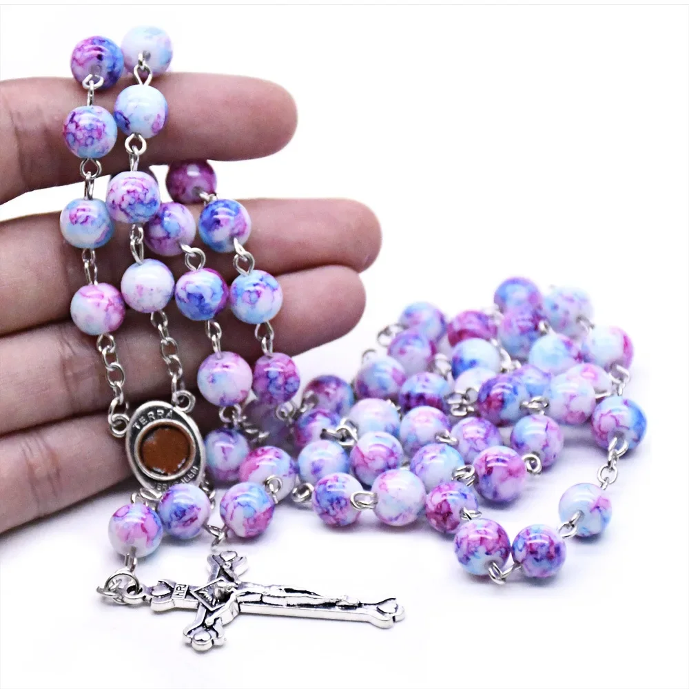 CR015 Vintage Cross Rosary Necklace 8mm Round Glass Beads Jesus Pendant Necklace Women Catholic Religious Jewelry