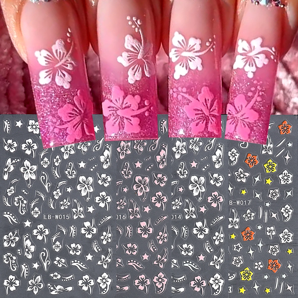 Image of Hibiskus 3D Nagelaufkleber Weiß Rosa Blumenmuster Nagelsticker Stern Kurvenmuster Tropische Sommerblumen Maniküre-Aufkleber für DIY-Nageldesign