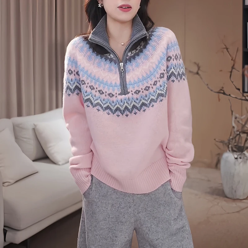 

Loose Women's Knitted Sweater Vintage Lazy Sle Large Size Autumn Winter New Design Commute Faion Long Sve Geometric Pa...