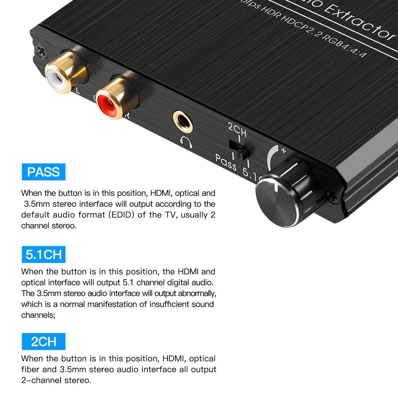 4K 60Hz HDMI Audio Extractor 5.1CH HDMI to Optical SPDIF + 3.5mm Stereo + RCA L/R Audio Extractor with Volume Control HDCP 2.2