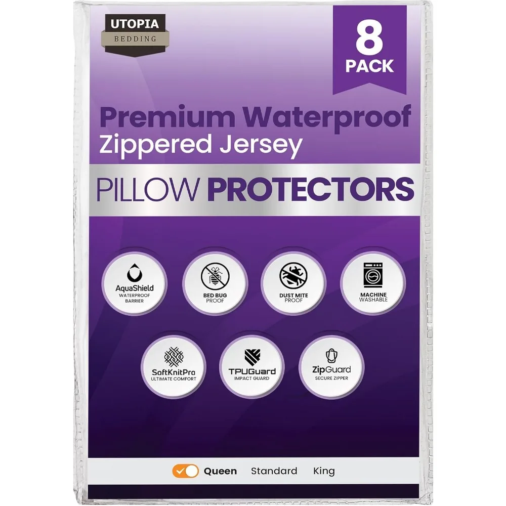 

Set of 8 Queen Size Zippered Pillow Protectors Bed Bug Dust Mite Proof Ultra Soft Waterproof Moisture Wicking White