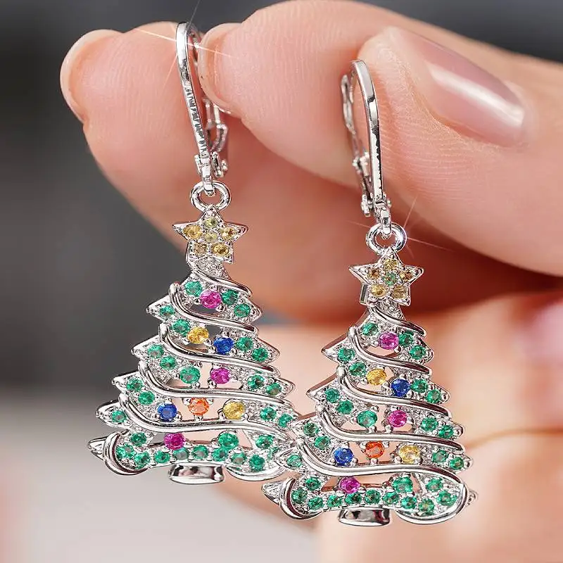 Huitan Weihnachtsbaum-Ohrringe für Damen, eingelegt, mehrere Farben, glänzender Zirkonia, für Party-Accessoires, bezaubernder Schmuck