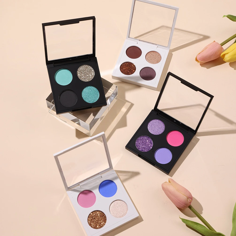 Paleta de sombras com 4 cores, marca própria, 4 cores, logotipo personalizado, sombras foscas brilhantes, faça você mesmo, iluminar, maquiagem à prova d'água de alto brilho