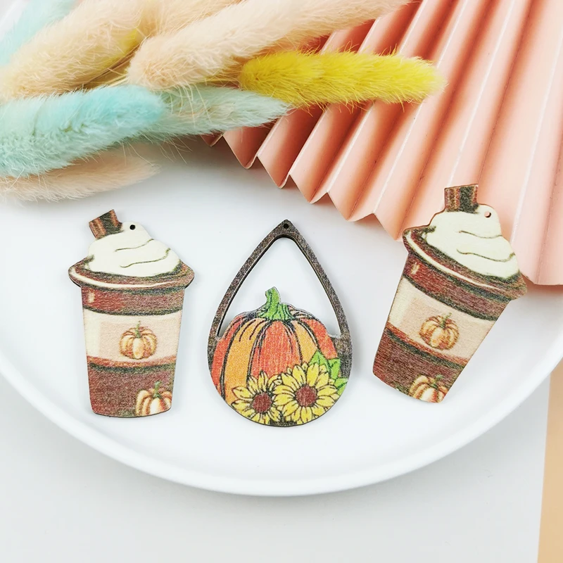 

ApeUr 10pcs Pumpkin Beverage Wooden Charms Fit Jewelry Making Women DIY Earring Keychain Pendant Handmade Halloween Gifts