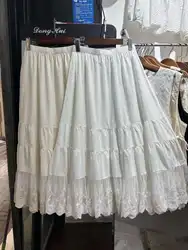 2026 Cotton A-Line Skirts Women Japan Fashion Elastic Waist Lace Embroidery Patchwork Skirt Mori Girl Lolita Cute Clothes