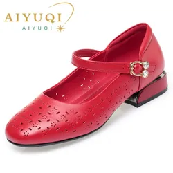 AIYUQI Mary Jane Shoes Women Red Openwork Spring Summer Women Dress Shoes Large Size Fashion Genuine Leather Women's Shoes