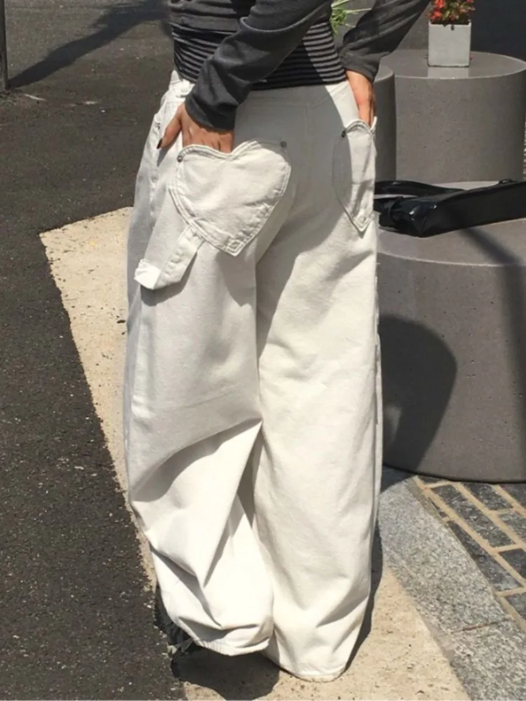

Retro Loose Slimming Wide Leg Straight Cut Jeans Women's Denim Pants with ket Heart aped Patchwork Casual Long Trousers