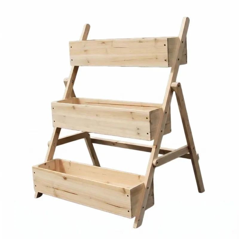 Three Tier Pine Plant Stand with Ladder Flower Shelf Open Planter for Indoor Outdoor Use