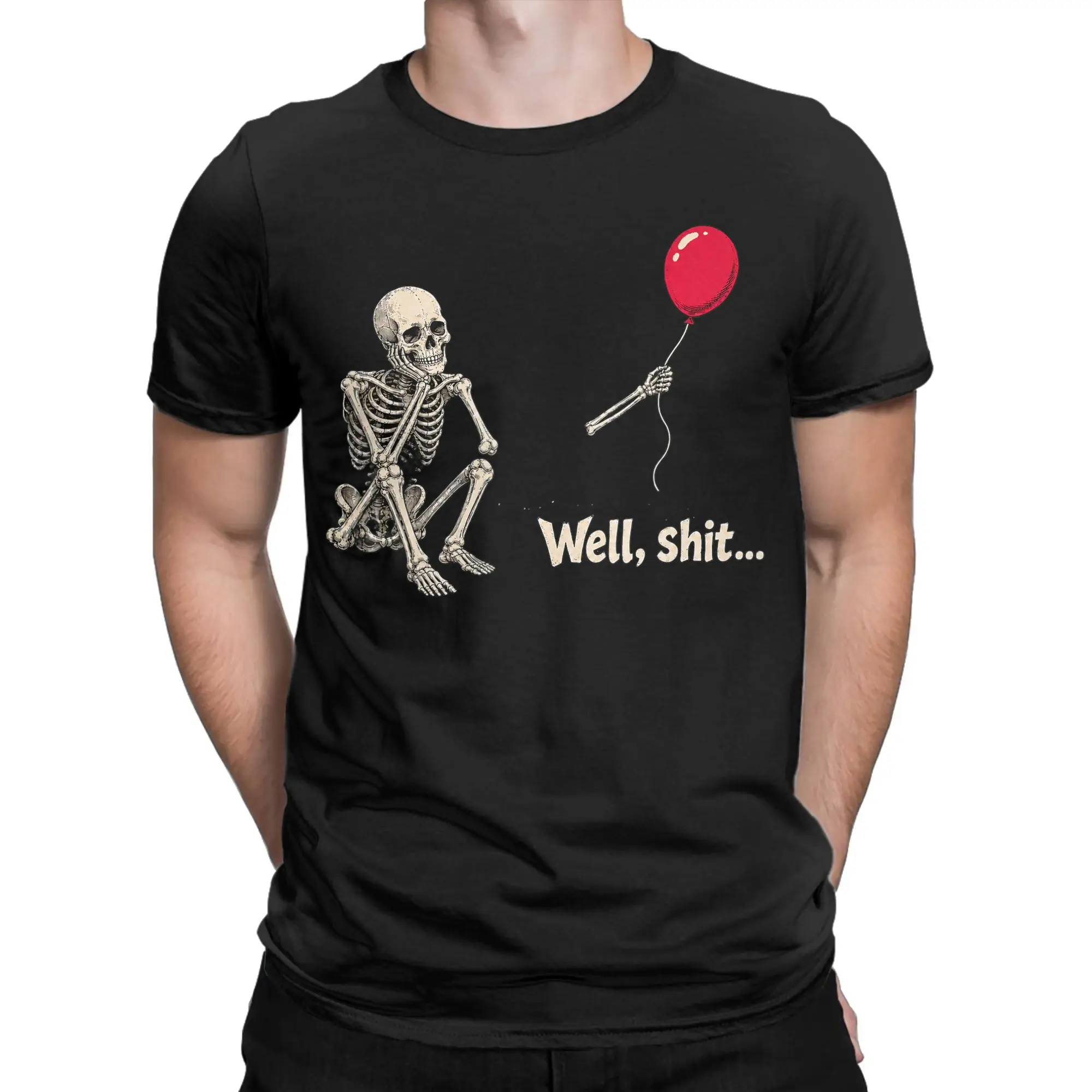 Well Shit Funny Skeleton With Red Balloon Meme T Shirt Summer  Cotton T Shirts For Men Trending Tshirt Short Sleeve Clothing