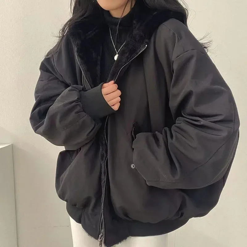 Gidyq koreanisch plus samt verdickte zweiseitige Lamm wolle Baumwoll jacke Frauen Mode lässig Kapuze lose Reiß verschluss Parkas Winter