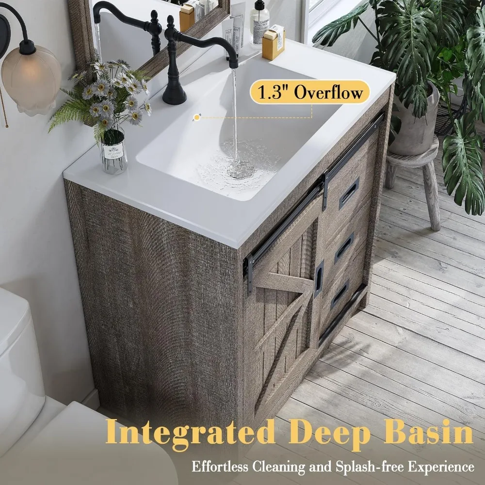 31 "مزرعة منزلقة باب الحظيرة الحمام الغرور مع مجموعة بالوعة، خزانة الحمام مع أدراج ومقابض معدنية، قائمة بذاتها #4