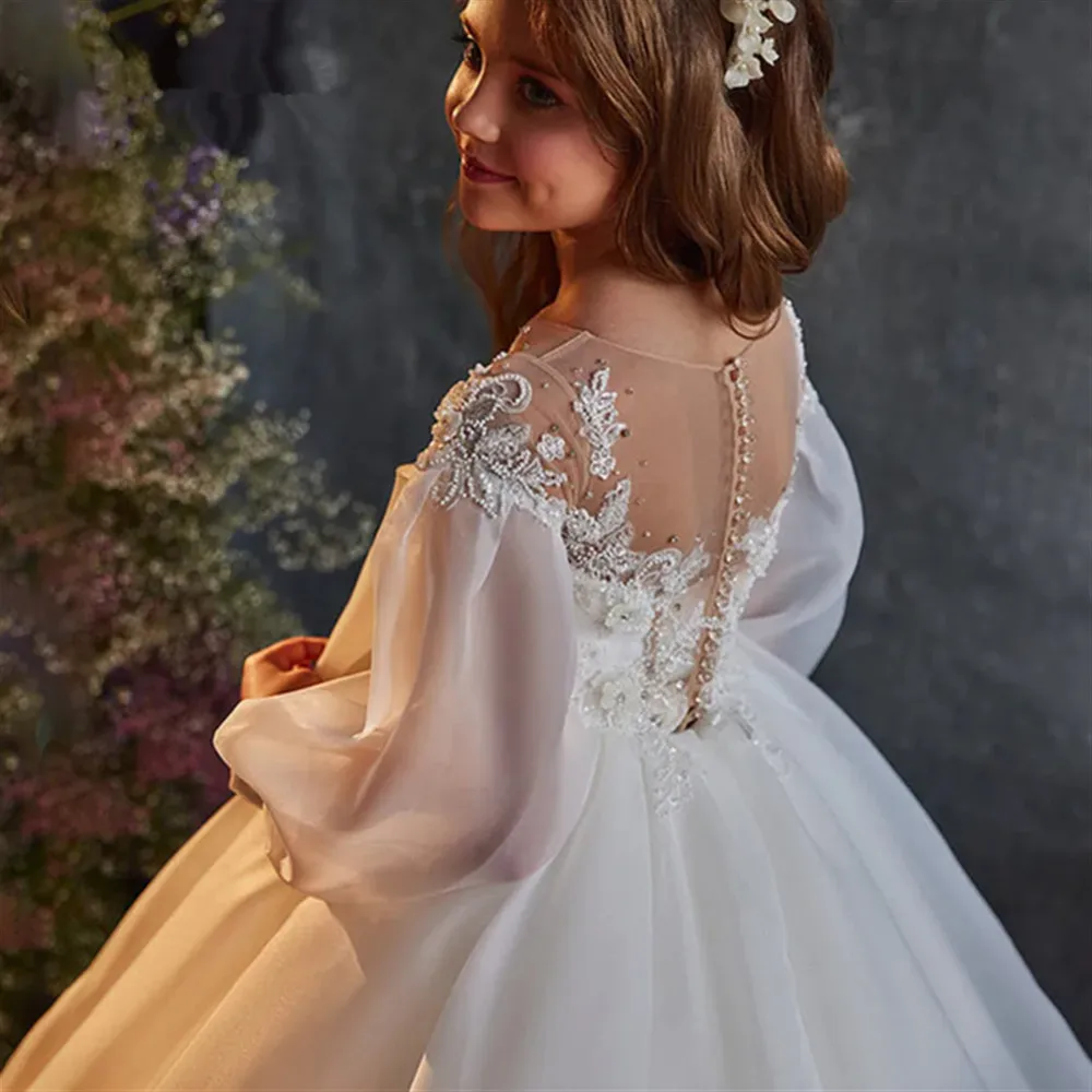 

Elegant Baby Child Flower Girl Dress For Wedding Appliques Bead With Bow Long Bridesmaid Birthday Pageant First Communion Gown