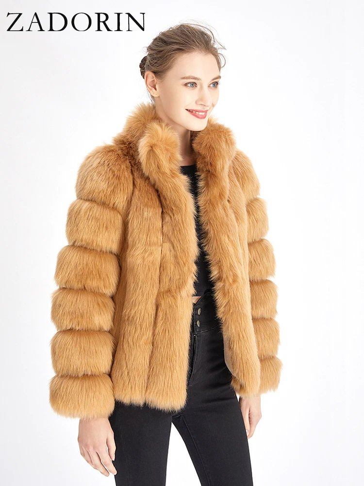 ZADORIN-Chaqueta de piel sintética para mujer, abrigo grueso y cálido de lujo con cuello levantado, a rayas, a la moda, para invierno