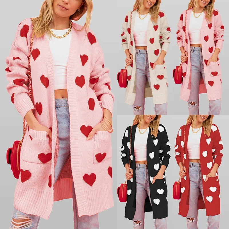 

Knitted Cardigan Women Heart Jumper Long Sleeve Jacket Coat Harajuku Pocket Mid-length Cardigan Autumn Winter Sweater Design Top