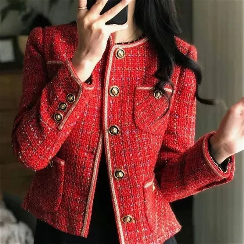 Vintage Red Tweed Coat Women\'s 2024 Autumn/Winter New French Vintage Loose and Versatile Show Thin Temperament Woolen Jacket Fem