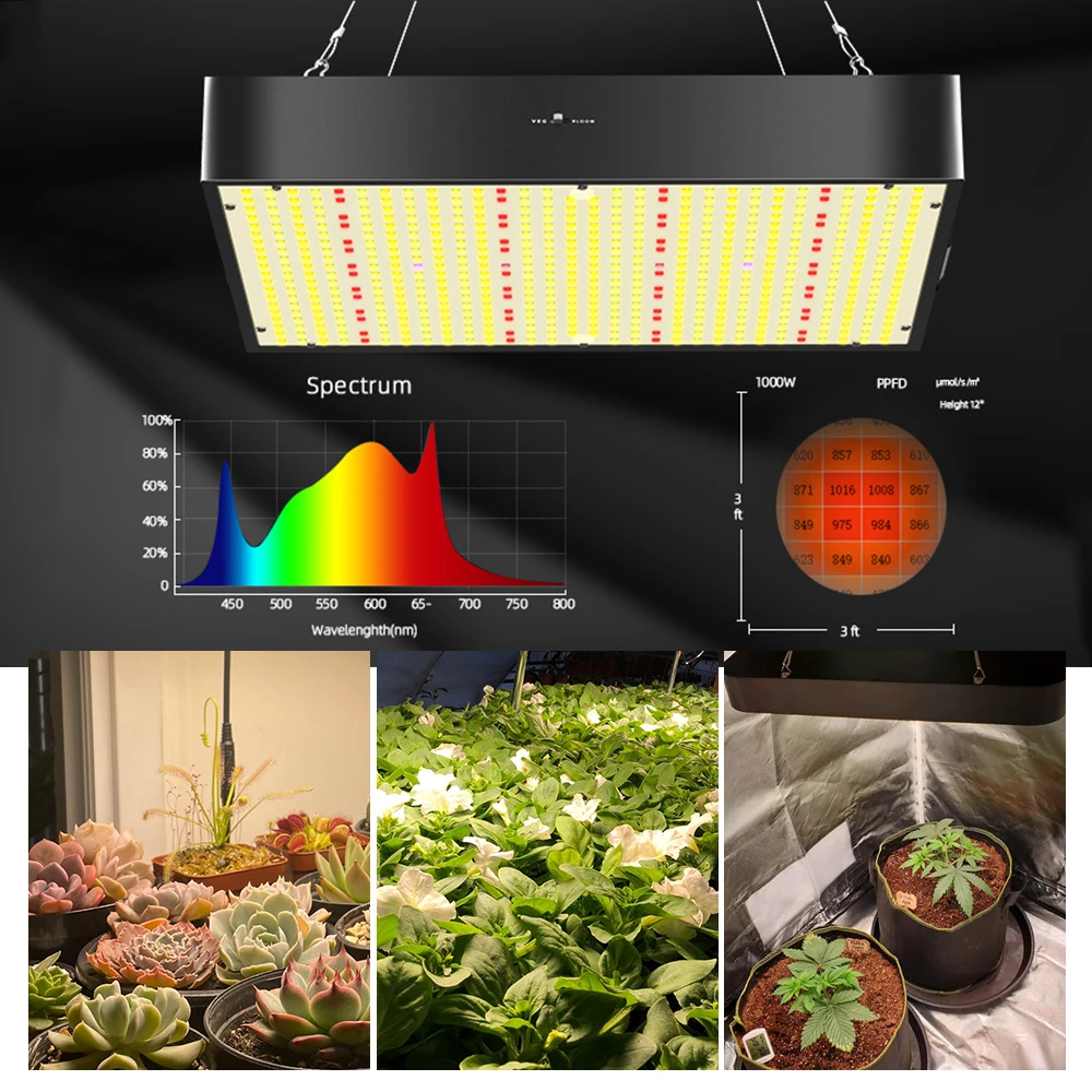 الطيف الكامل LED تنمو ضوء للنباتات الداخلية ، ومصابيح النمو ، المدمج في مروحة صامتة ، الخضار وازهر ، 2 وسائط العمل ، 1000 واط