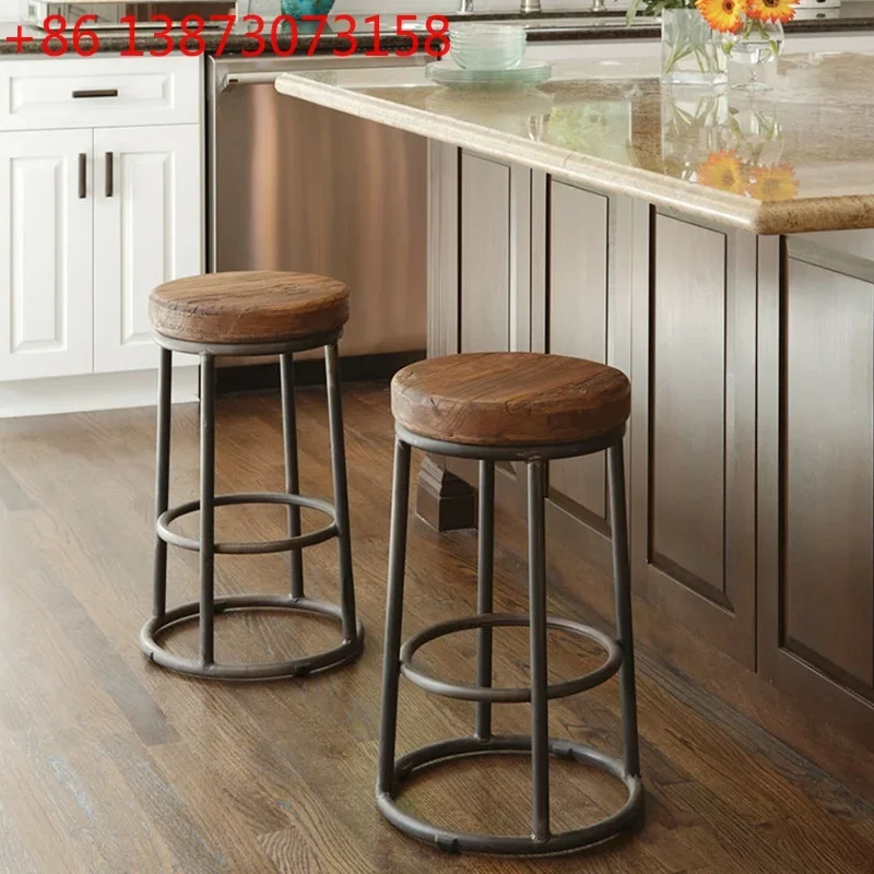 

American wrought iron leisure chair retro bar chair solid wood bar chair old round bar stool high