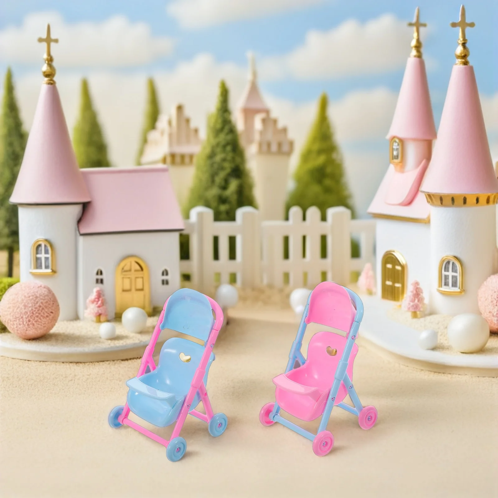 

8pcs Children'S Pretend Play Miniature Baby Stroller Realistic Role Playing House Props Folding Play Stroller For Kids Indoor