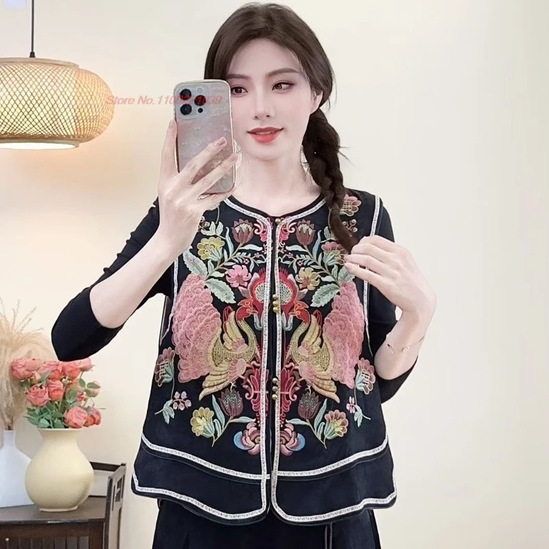 

2025 chinese vintage vest traditional o-neck satin jacquard folk vest national phoenix embroidery sleeveless jacket hanfu tops