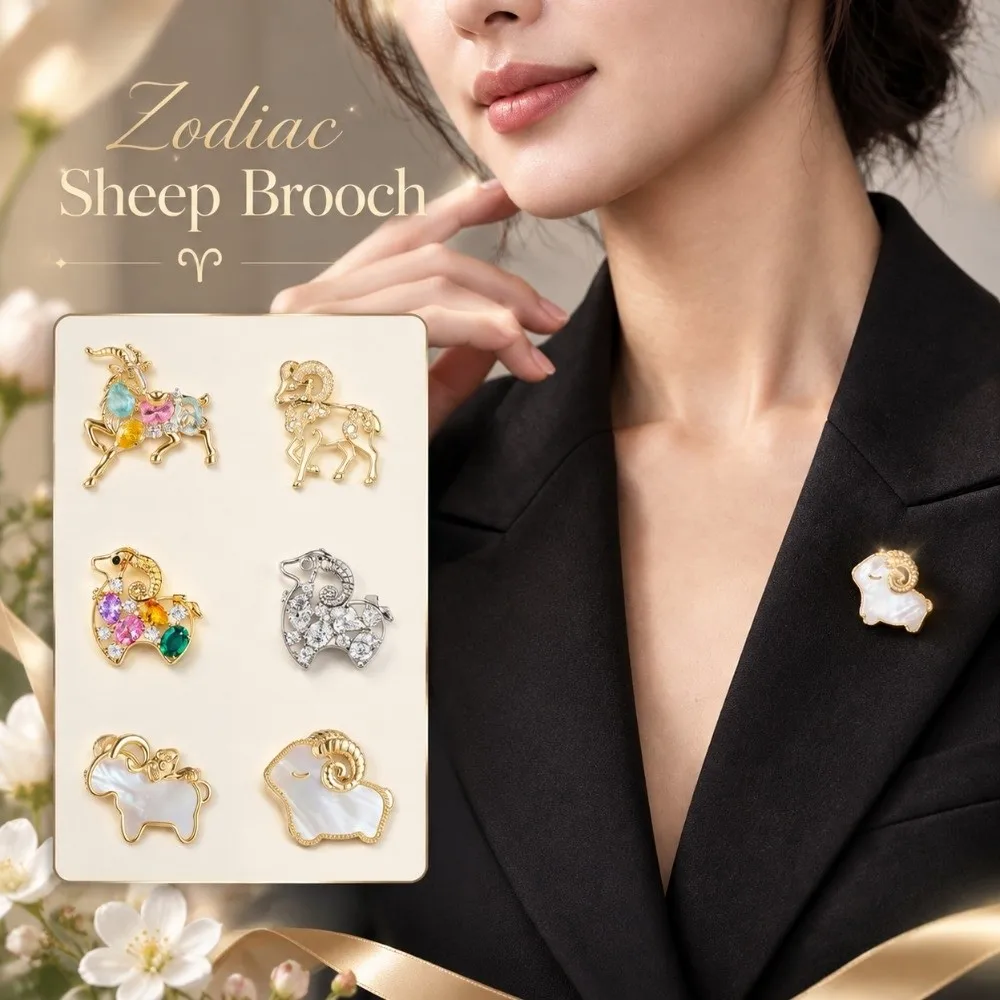 Exquisite Metal Golden Sheep Brooch Curved Horns Gold Plated Lucky Ram Breastpin Inlaid Rhinestone Colorful Crystals