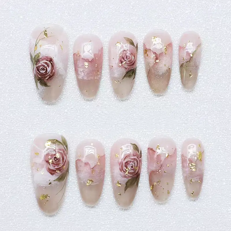 

Французская ручная роспись розы, высококачественный отбеливающий роскошный маникюр, ручная работа, носимые ногти, многоразовый маникюр