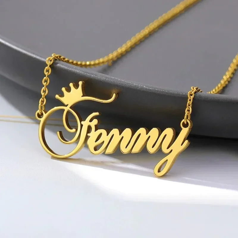 

Custom Name Necklace for Women Personalised Crown Cursive Font Gold Stainless Steel Letter Pendant Choker Jewelry Christmas Gift